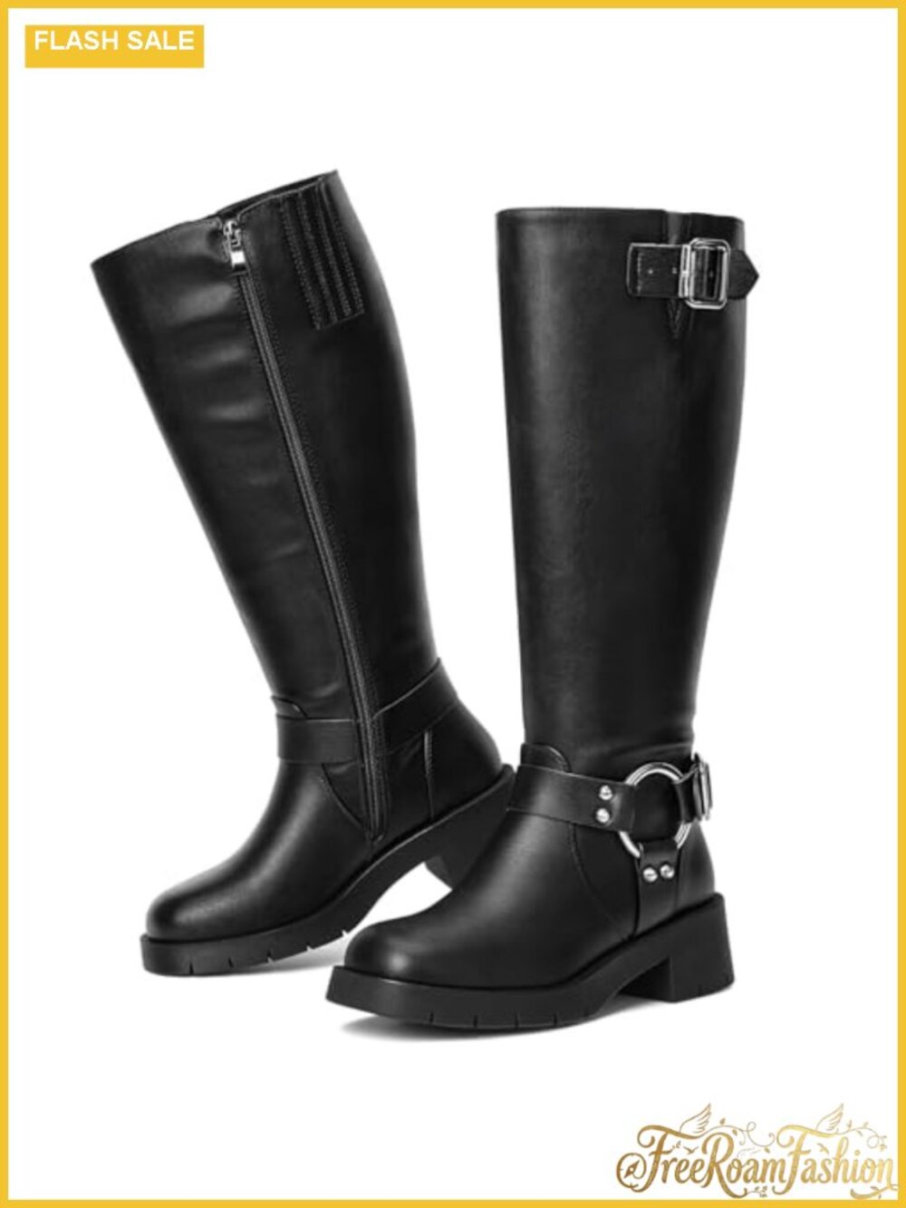 Wide Calf Knee High Boots Square Toe Platform Faux Leather